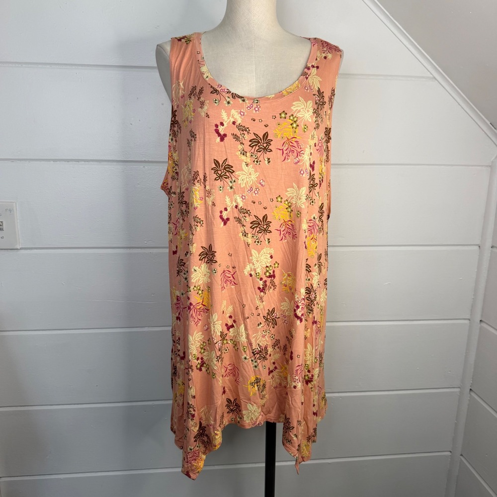LOGO Lori Goldstein 3X Peach Floral Sharkbite Hem Sleeveless Tunic Top